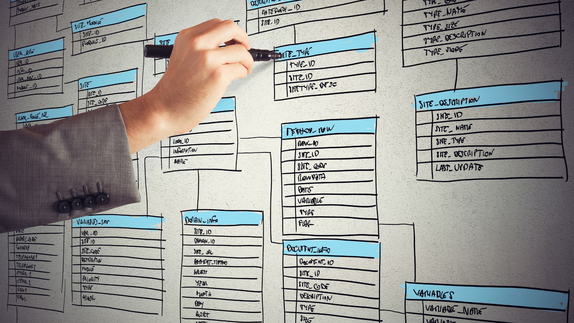 Hand with a marker mapping database fields to each other on a white back lit screen
